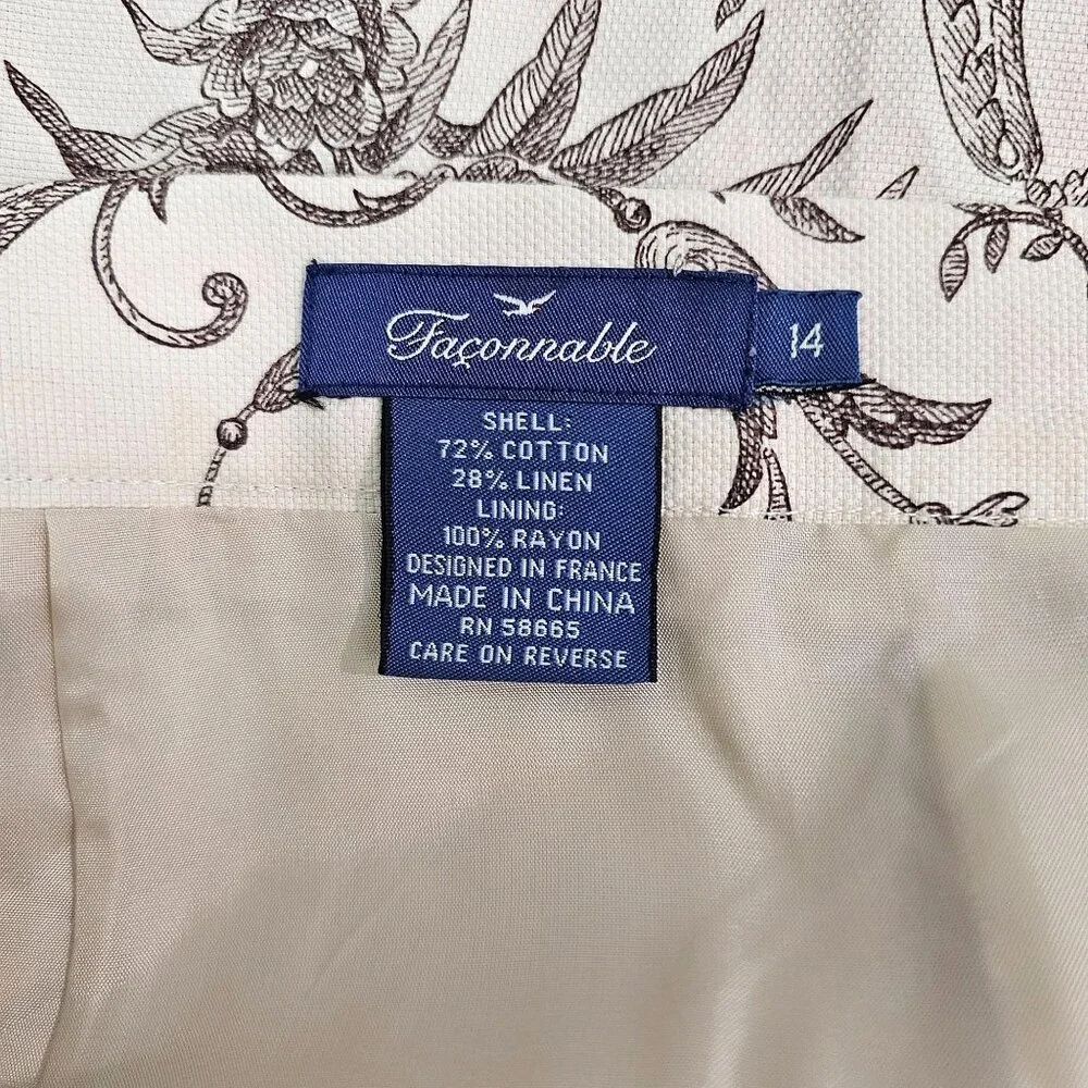 Faconnable Women 14 Ecru Hazelnut Floral Pleat Cotton Linen Skirt Lined Romantic